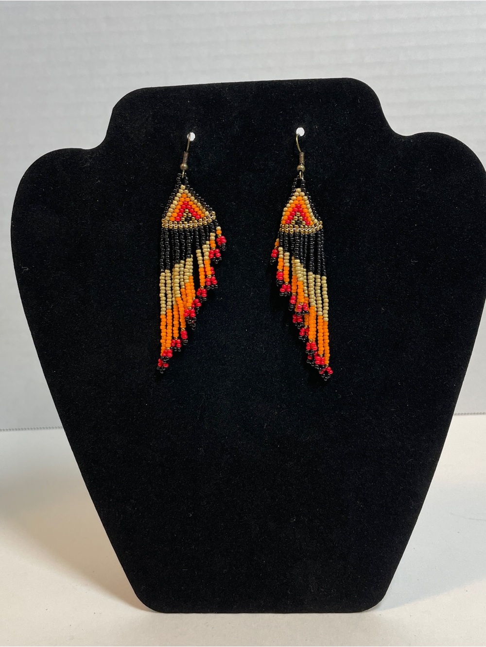 Native American Seed beaded earrings dangle, Orange Red Black 12 Strands Fringe